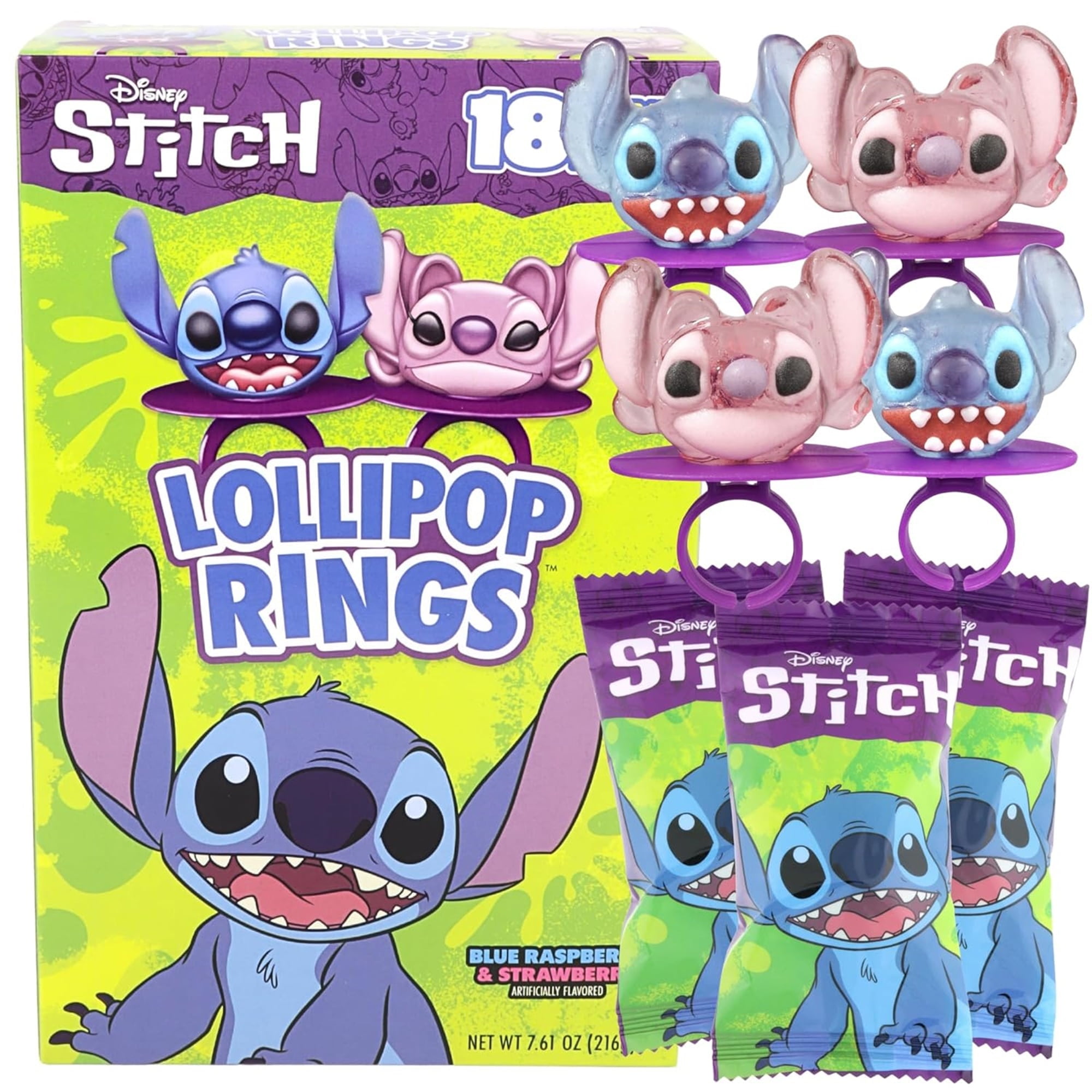 Lilo and Stitch Candy Lollipop Rings, Birthday Party Candy, 18 Count, 7.61 Ounce Box