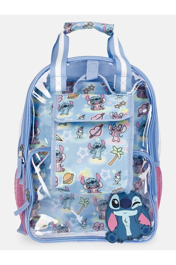 Lilo and Stitch Clear Backpack with Foldable Lunch Box and Keychain, 3-Piece Set, Blue
