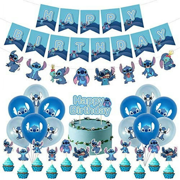 64PCS Lilo and Stitch birthday party decoration, including 1 set of  birthday flags, cake topper, cup cake toppers, Hanging vortex and balloons.  Lilo and Stitch Party supplies price in Saudi Arabia
