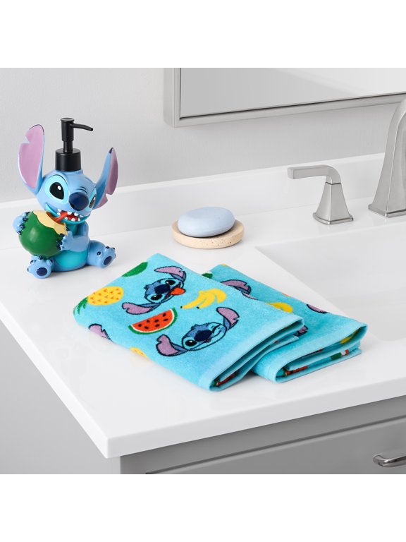 Lilo and Stitch Tropical 3-Piece Bath Set, 2pk Hand Towel & Sculpted 5.5" Lotion Pump, Cotton, Poly-Resin, Blue, Disney