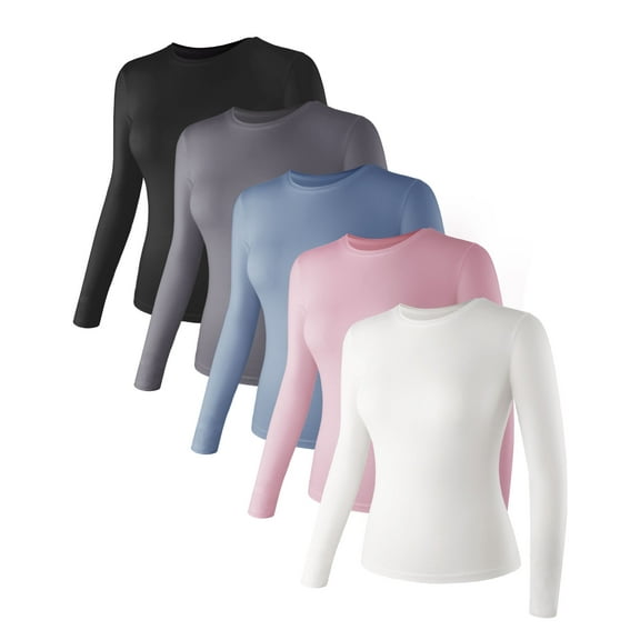 Liloak 5 Pack of Long Sleeve Shirts Women,Basic Long Sleeve Tops Lightweight,Soft Stretchy T Shirt for Women Fitted