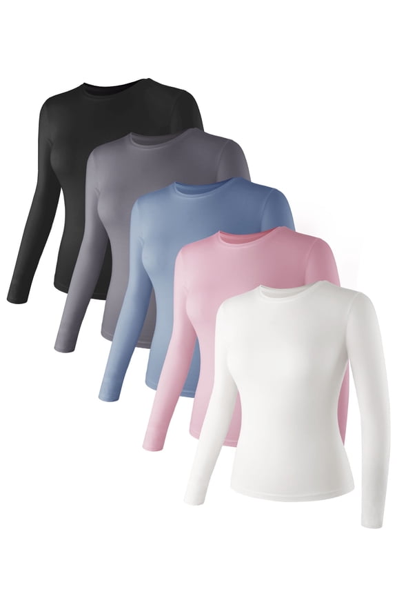 5 Pack of Long Sleeve Shirts Women,Basic Long Sleeve Tops Lightweight,Soft Stretchy T Shirt for Women Fitted