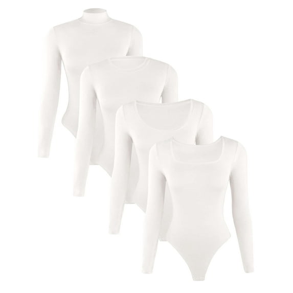 Liloak 4 Style In 1 Pack Bodysuit for Women Long Sleeve, Women's Ribbed Bodysuits Pack Basic, Stretchy/Scoop/Crew/Turtle Neck