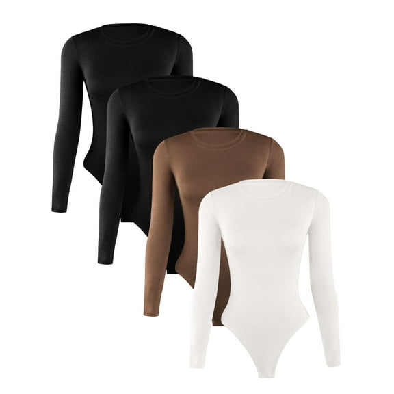 Liloak Bodysuits for Women, Long Sleeve Bodysuit Pack, Women's Ribbed Bodysuits Basic, Crew Neck Bodysuit for Women