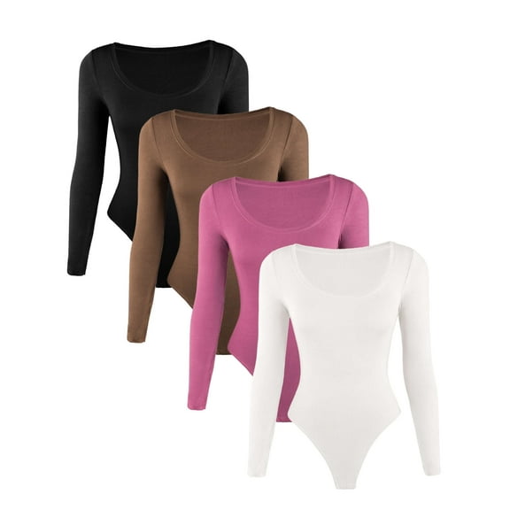 Liloak Pack of Bodysuits for Women Long Sleeve,Women's Ribbed Scoop Neck Bodysuit,Basic Ribbed Bodysuits for Women Stretchy