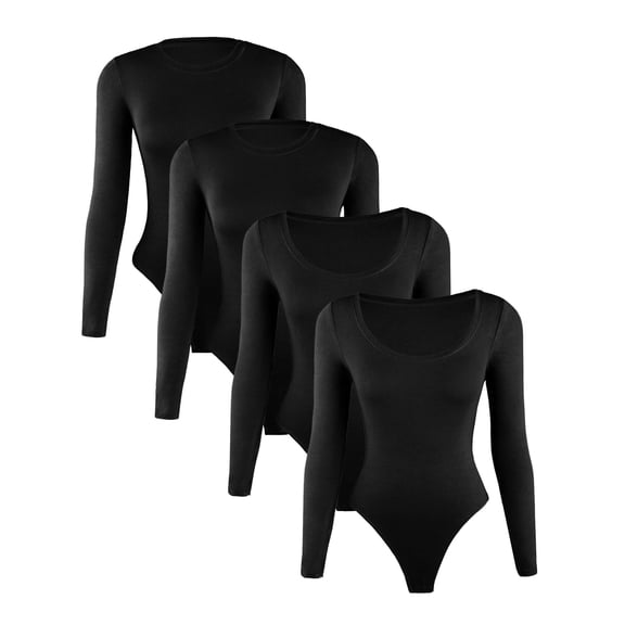 Liloak Womens Long Sleeve Bodysuit Pack, 4 Style In 1 Pack Body Suit for Women,Basic Ribbed Bodysuits for Women Stretchy