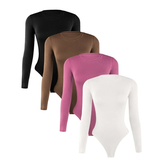 Liloak Womens Long Sleeve Bodysuit Pack, Long Sleeve Crew Neck Bodysuit,Basic Ribbed Bodysuits for Women Stretchy