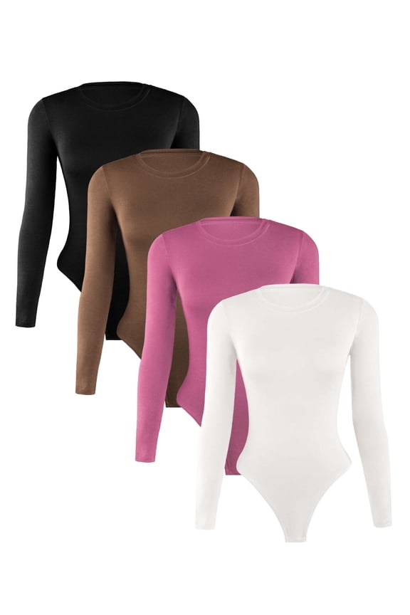 Womens Long Sleeve Bodysuit Pack, Long Sleeve Crew Neck Bodysuit,Basic Ribbed Bodysuits for Women Stretchy