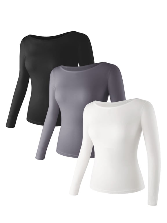 Womens T-shirts Long Sleeve Pack,3 Necklines Fitted Tops for Women,Basic Tee Long Sleeve Tight Shirts