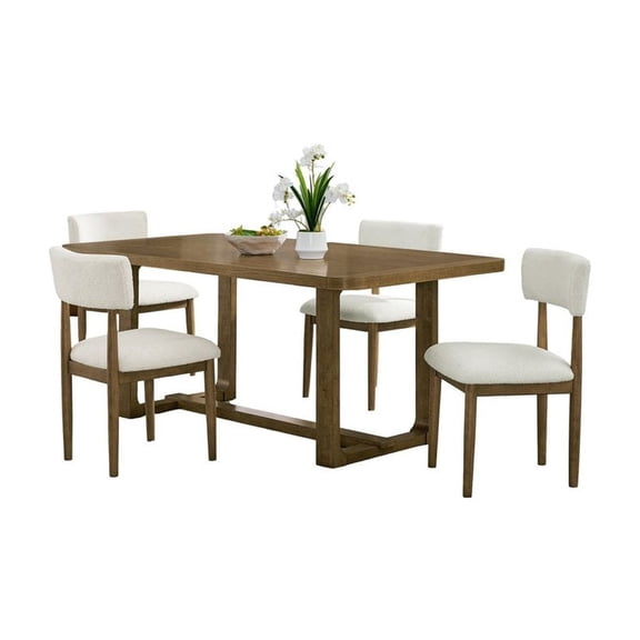Darla 5Pc 72"W Rect Walnut Oak Wood Fin Sled Dining Set+Beige Sherpa Fabric Chrs