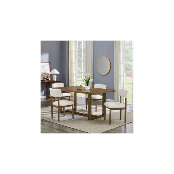 Darla 5Pc 72"W Rect Walnut Oak Wood Fin Sled Dining Set+Beige Sherpa Fabric Chrs