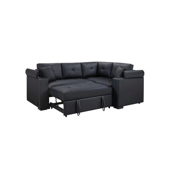 Donovan 84.5"W Black PVC Fabric Sleeper Sectional w/USB+Cupholders+Storage Arms