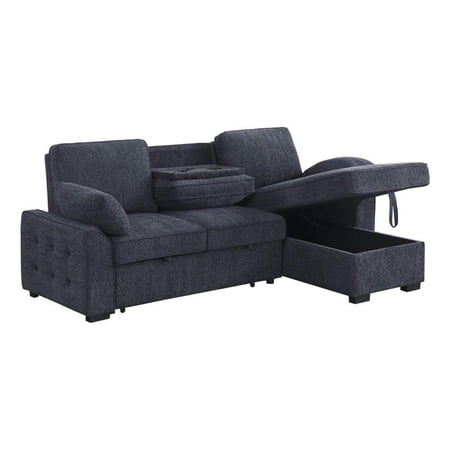 Mackenzie 91"W Charcoal Chenille Rev.Sleeper Sect. Storage+Cuphldrs+USB Ports
