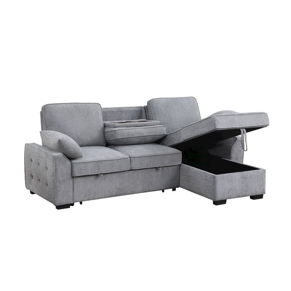 Lilola Home 91"W Light Gray Chenille Fabric Reversible Sleeper Sectional with Storage Chaise