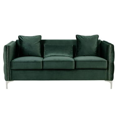 Lilola Home Bayberry Collection Velvet Sofa with 3 Throw Pillows, Green