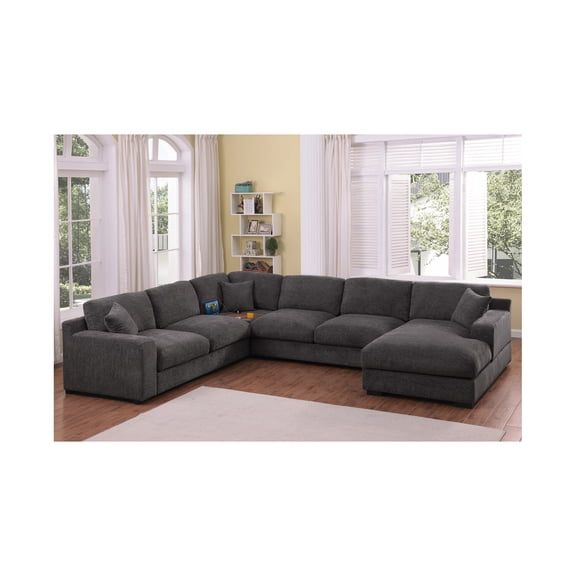 Celine 128"W Gray Chenille Fabric Corner Sectional Sofa w/RF Chaise+Cphldrs+USB