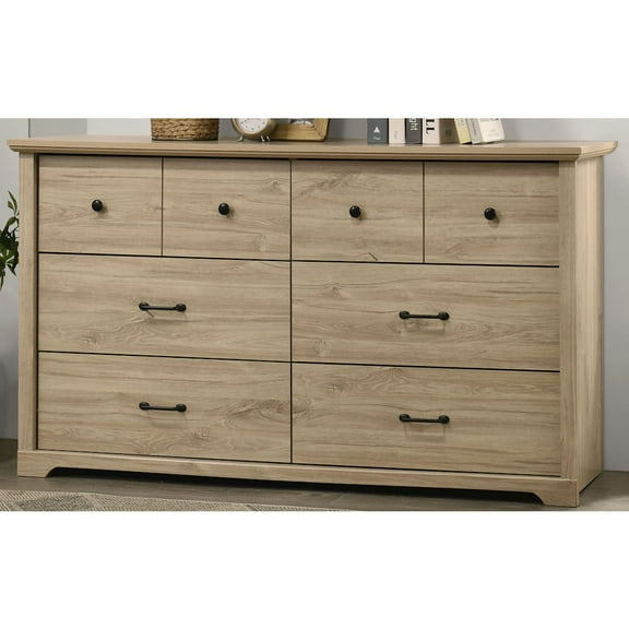 Lilola Home Elara 57"W Light Oak Finish 6-Drawer Dresser with Black Handles