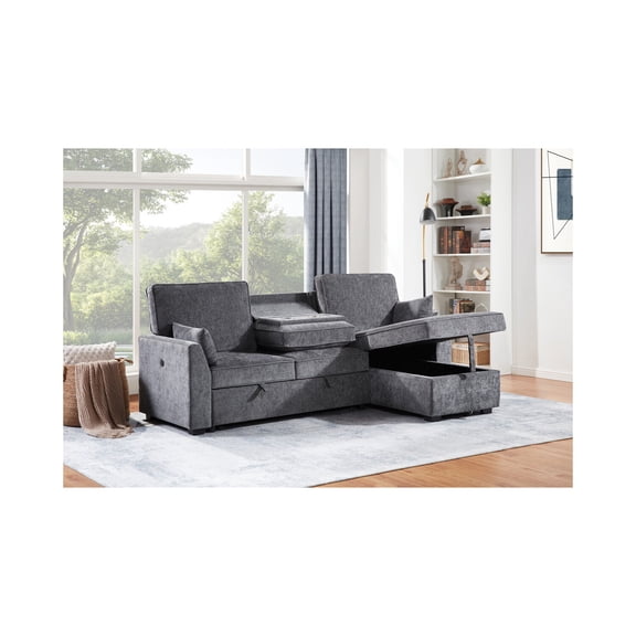 Emmy 89"W Dark Gray Fabric Sleeper Sect. w/Reversible Strg Chaise+USB+Cupholders