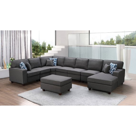 Faith Dark Gray Linen Fabric 8Pc Sectional Sofa Chaise and Ottoman