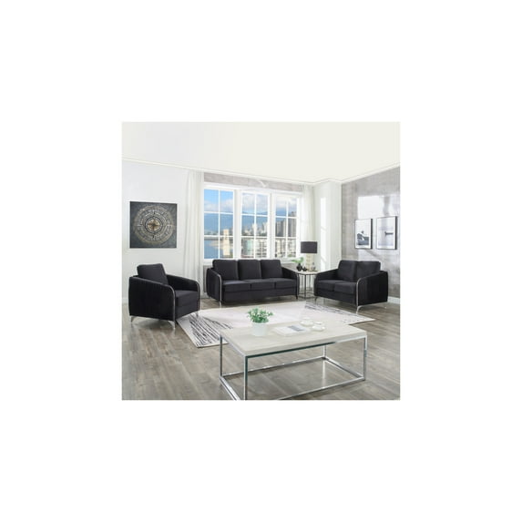 Lilola Home Hathaway Black Velvet Fabric Sofa Loveseat Chair Living Room Set-Color:Black