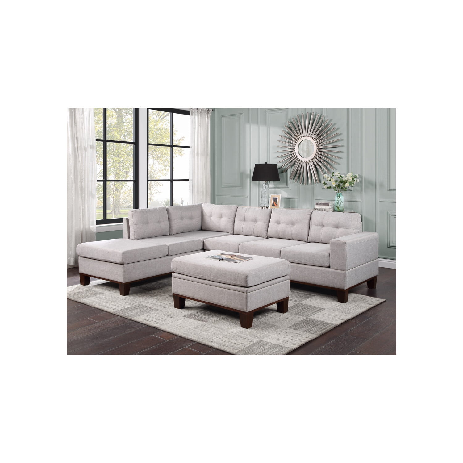 Lilola Home Hilo Fabric Reversible Sectional Sofa with Dropdown Armrest,  Cupholder, and Storage Ottoman 