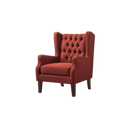 Irwin Red Linen Fabric Button Tufted Wingback Chair with Espresso Legs