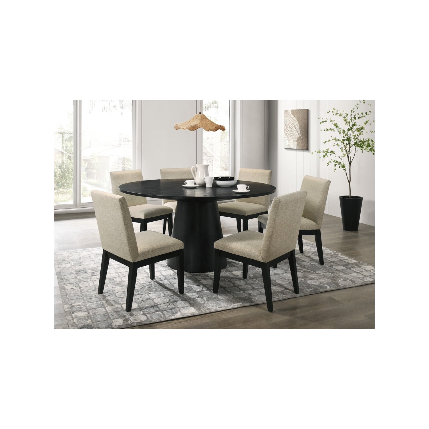 Jasper Ebony Black Wood 7-Piece Round Dining Set with Beige Upholstered Chairs