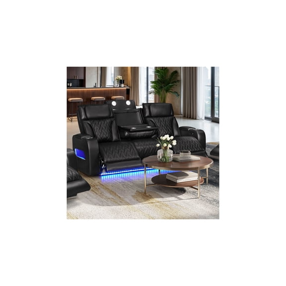 Jazz 84" Black Faux Leather Pwr Recl.Sofa w/Pwr Hdrst+LED+Wrls Chrg+USB+Cuphldrs