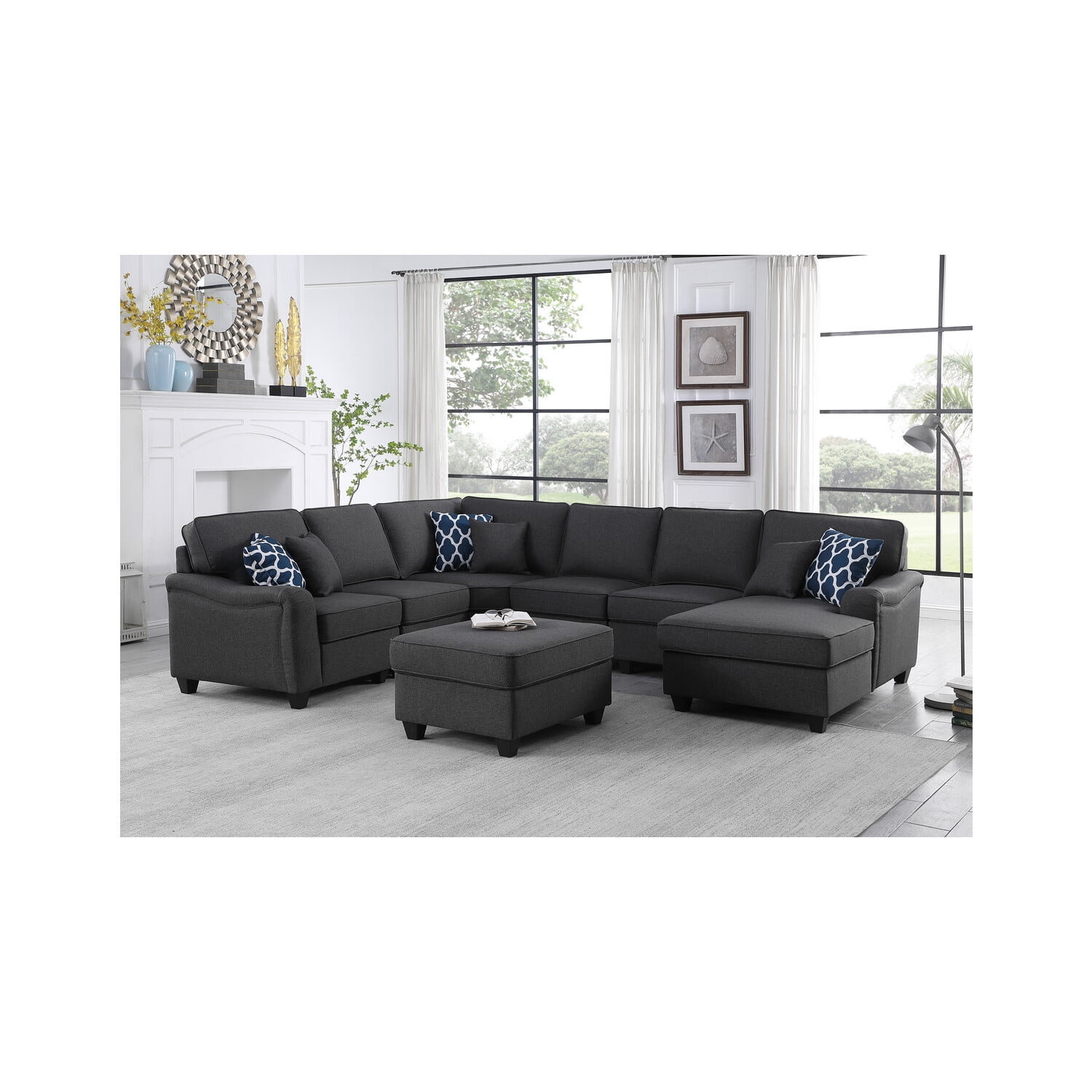 Lilola Home Leo Dark Gray Linen 7Pc Modular LShape Sectional Sofa