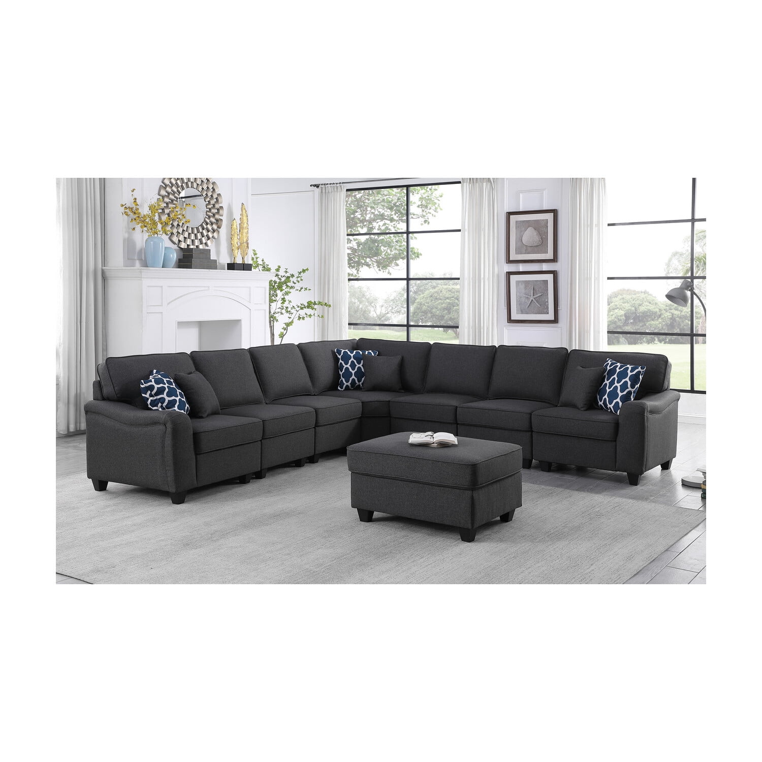 Lilola Home Leo Dark Gray Linen 8Pc Modular LShape Sectional Sofa Chaise and OttomanColorDark
