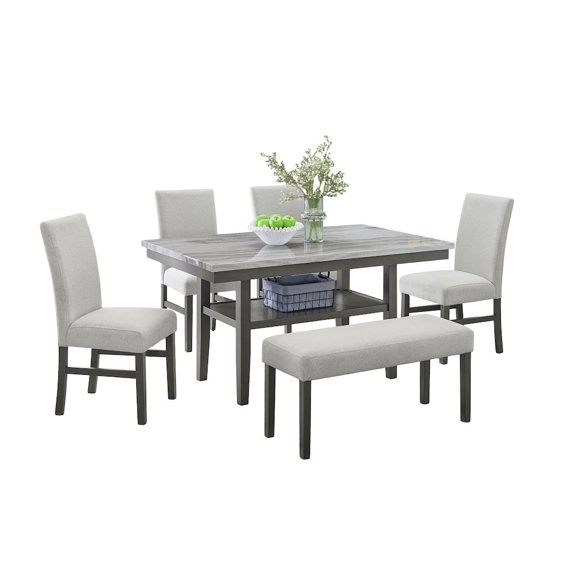 Selena 6Pc 60" Rectangular Gray Faux Marble Wood Dining Set w/4 Chairs & Bench