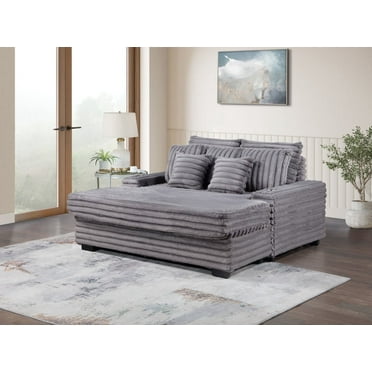 67"W Gray Corduroy Oversized Sofa Chaise Lounge Chair with Cupholders and USB Charging Port