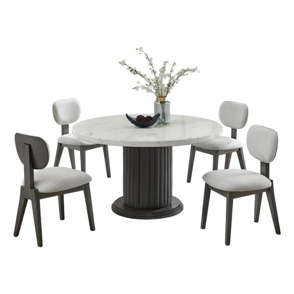 Valencia 5Pc 54" Rd White Fx Marble Wood Dng Set w/PVC Uph Ped Base+Lt Gray Chrs