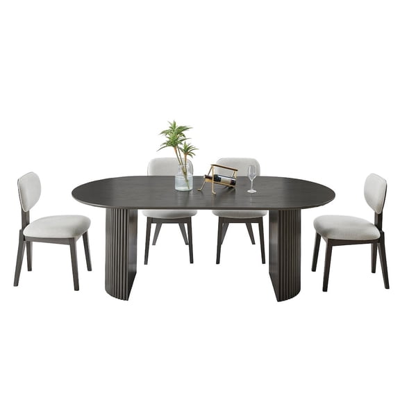 Valencia 5Pc 80" Oval Gray Oak Wood Fin Dng Set w/Dual Pedestal Base+Lt Gry Chrs