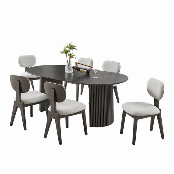 Valencia 7Pc 80" Oval Gray Oak Wood Fin Dng Set w/Dual Pedestal Base+Lt Gry Chrs