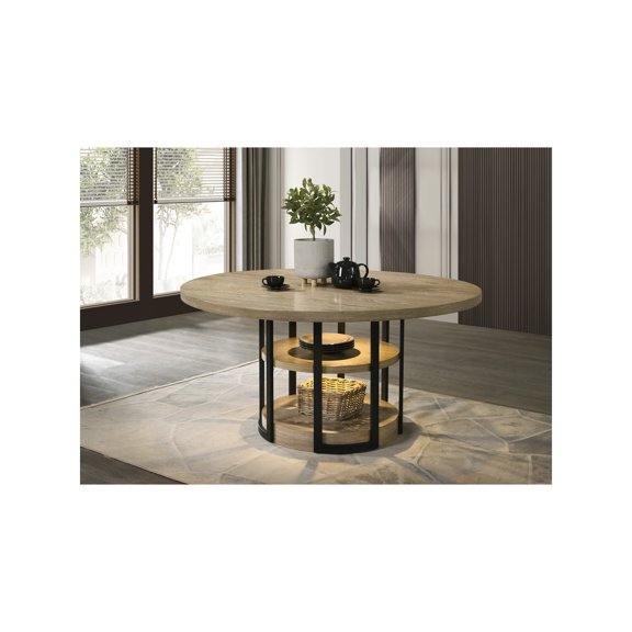 Eden 59" Rd Rustic Oak Wooden Dining Table w/LED Light+Black Metal Frame+Shelves