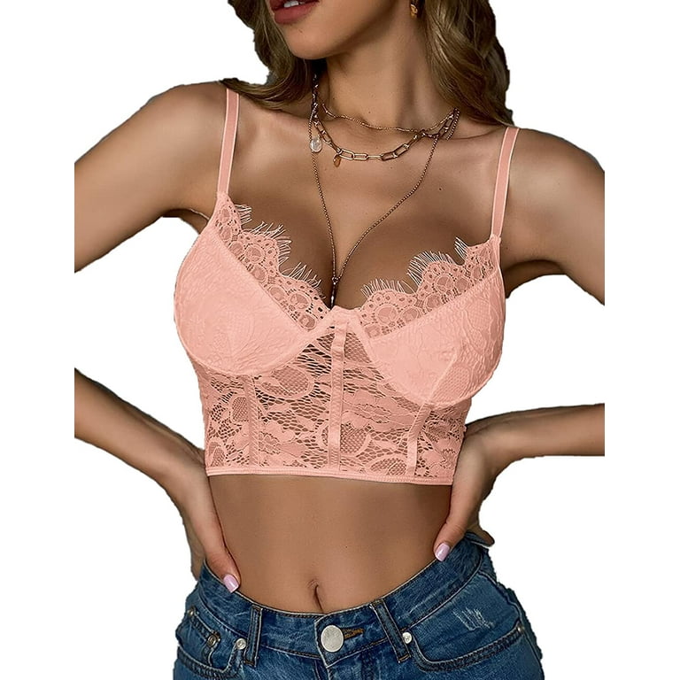 Lilosy Sexy Floral Lace Crop Cami Top Sheer Wirefree Longline Bralette 