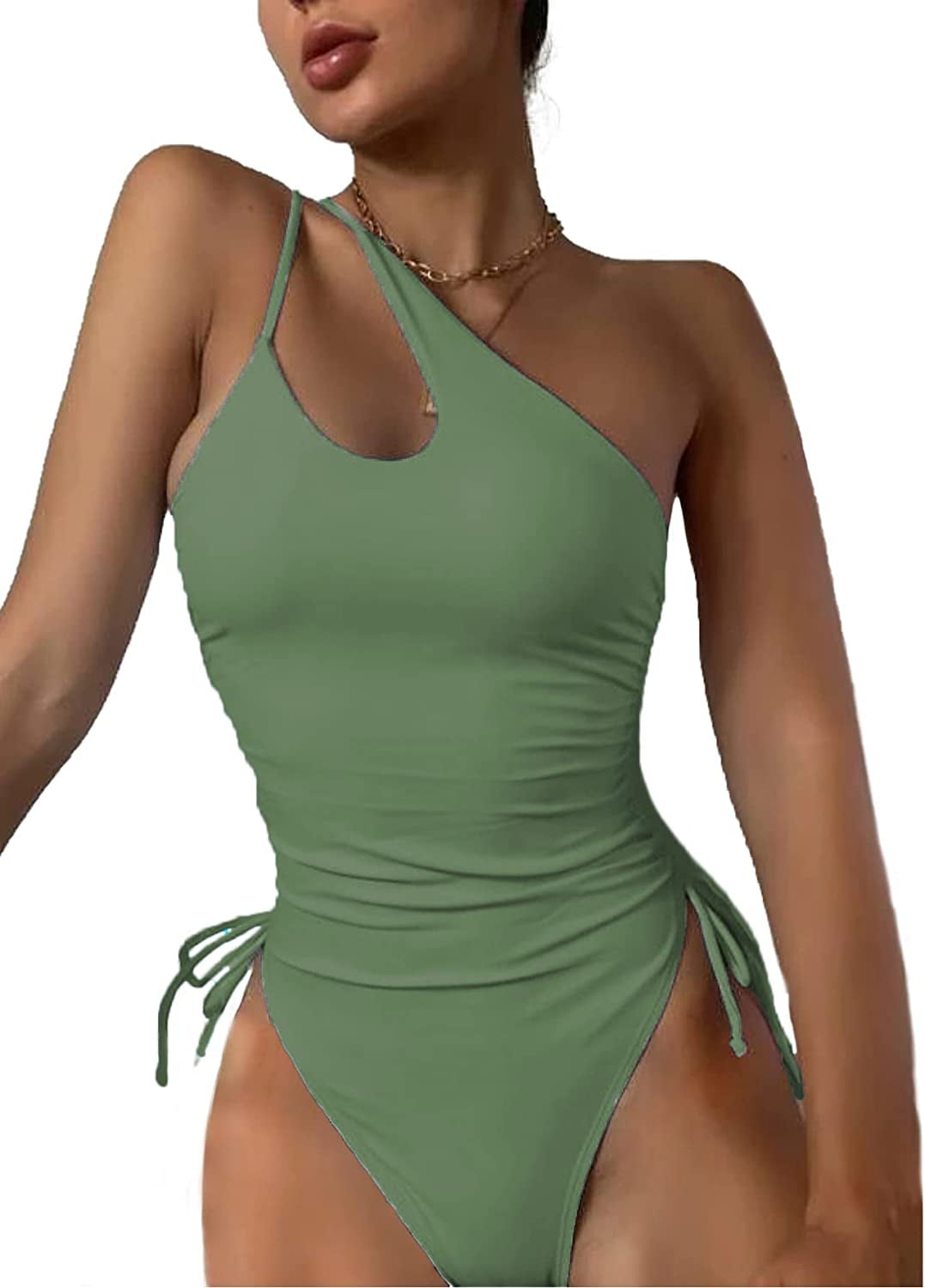 Tejiojio One Piece Bathing Suit For Women Sexy One Shoulder Tummy Control  Swimsuit High Cut Bathing Suits Brazilian Swimwear Green at  Women's  Clothing store