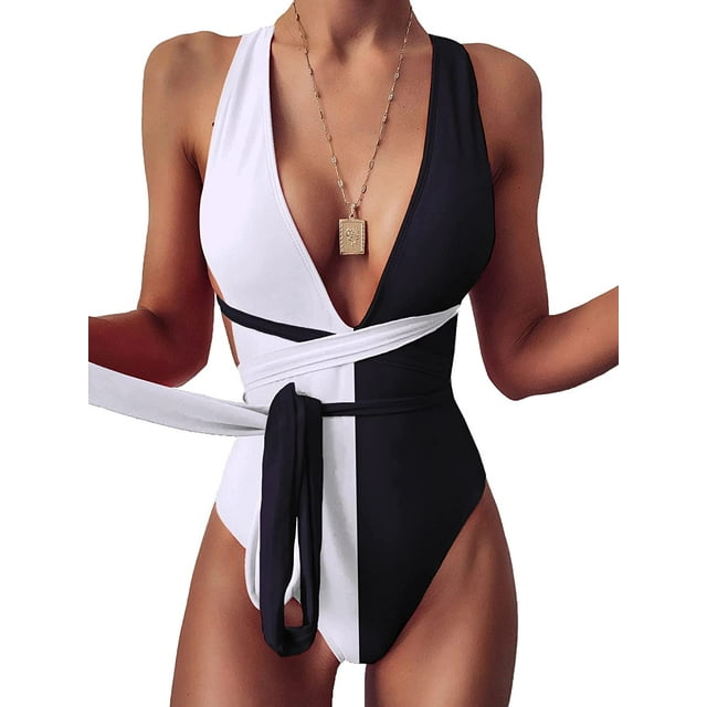 Lilosy Sexy Tie Criss Cross Plunge One Piece Thong Swimsuit High Cut Brazilian Bathing Suit