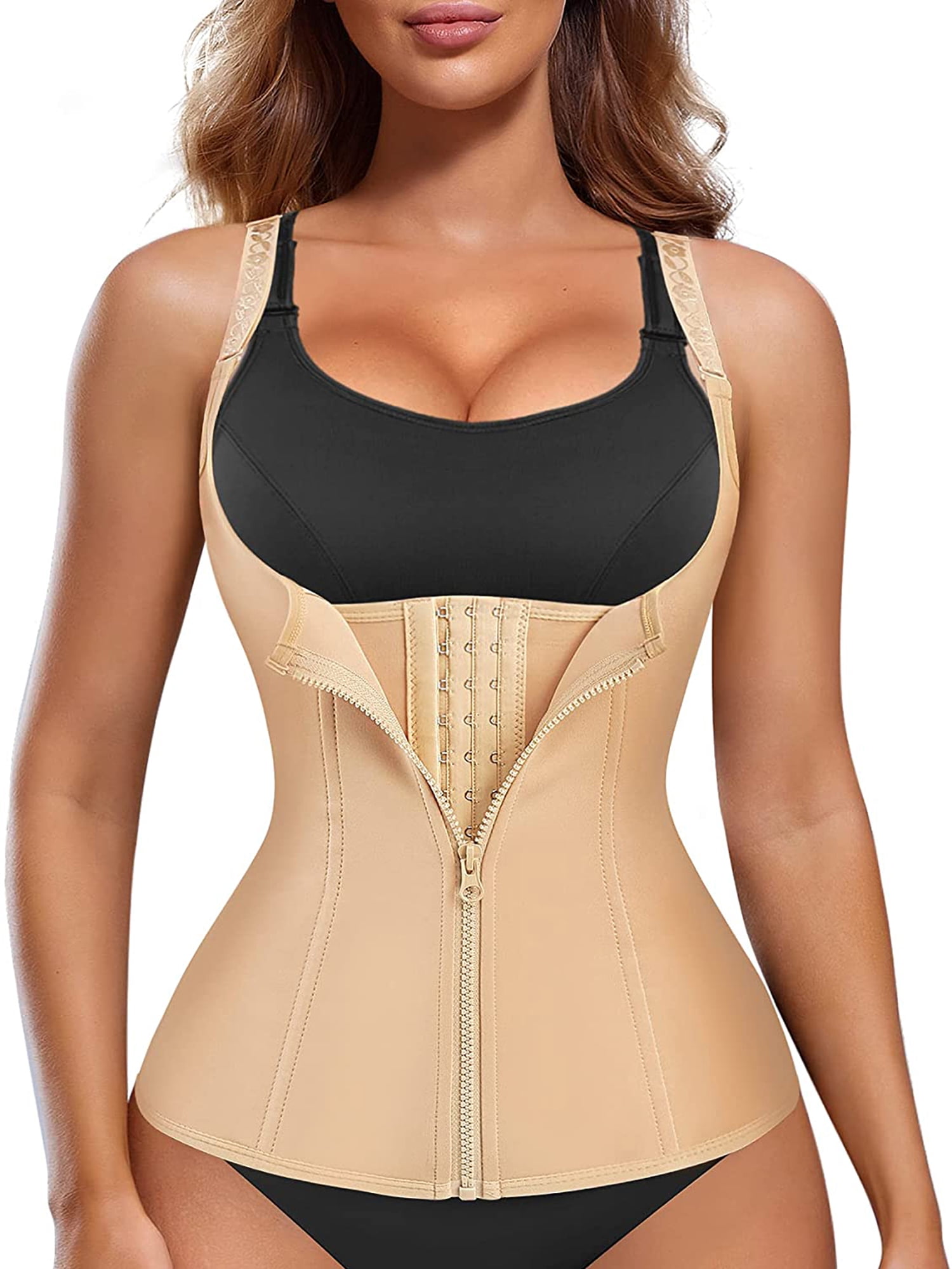 Lilvigor Waist Trainer Vest for Women,Zipper Corset Body Shaper for Tummy Control Polyester Cincher Tank Top with Straps Hook