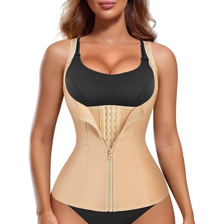Lilvigor Waist Trainer Vest for Women,Zipper Corset Body Shaper for Tummy Control Polyester Cincher Tank Top with Straps Hook