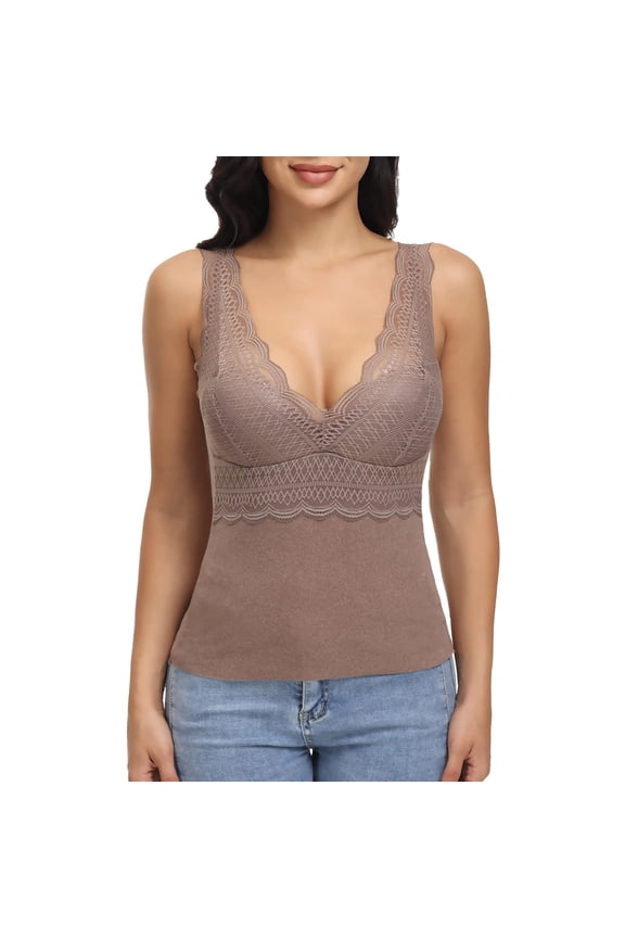 Women's Basic Camisole Lace Thermal Underwear Thick Fleece Lined Cami Seamless Tank Top