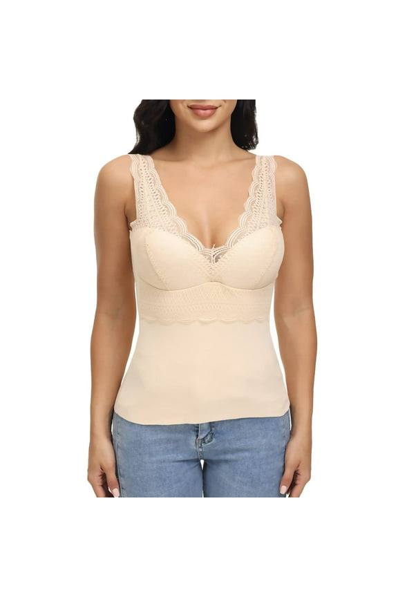 Women's Basic Camisole Lace Thermal Underwear Thick Fleece Lined Cami Seamless Tank Top