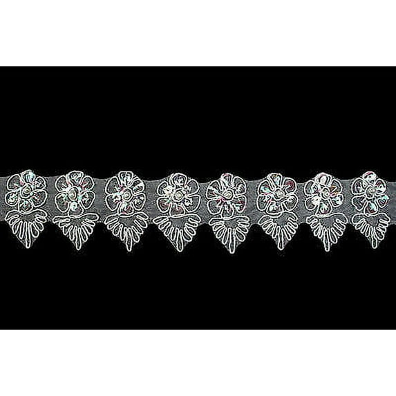 Lily 1.5" White Corded Sequins Beaded Organza Floral Daisy Lace Trim by Yard