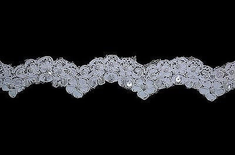 Lily 1.5" White Pearl Beading Sequins Floral Corded Raschel Lace Sewing by Yard