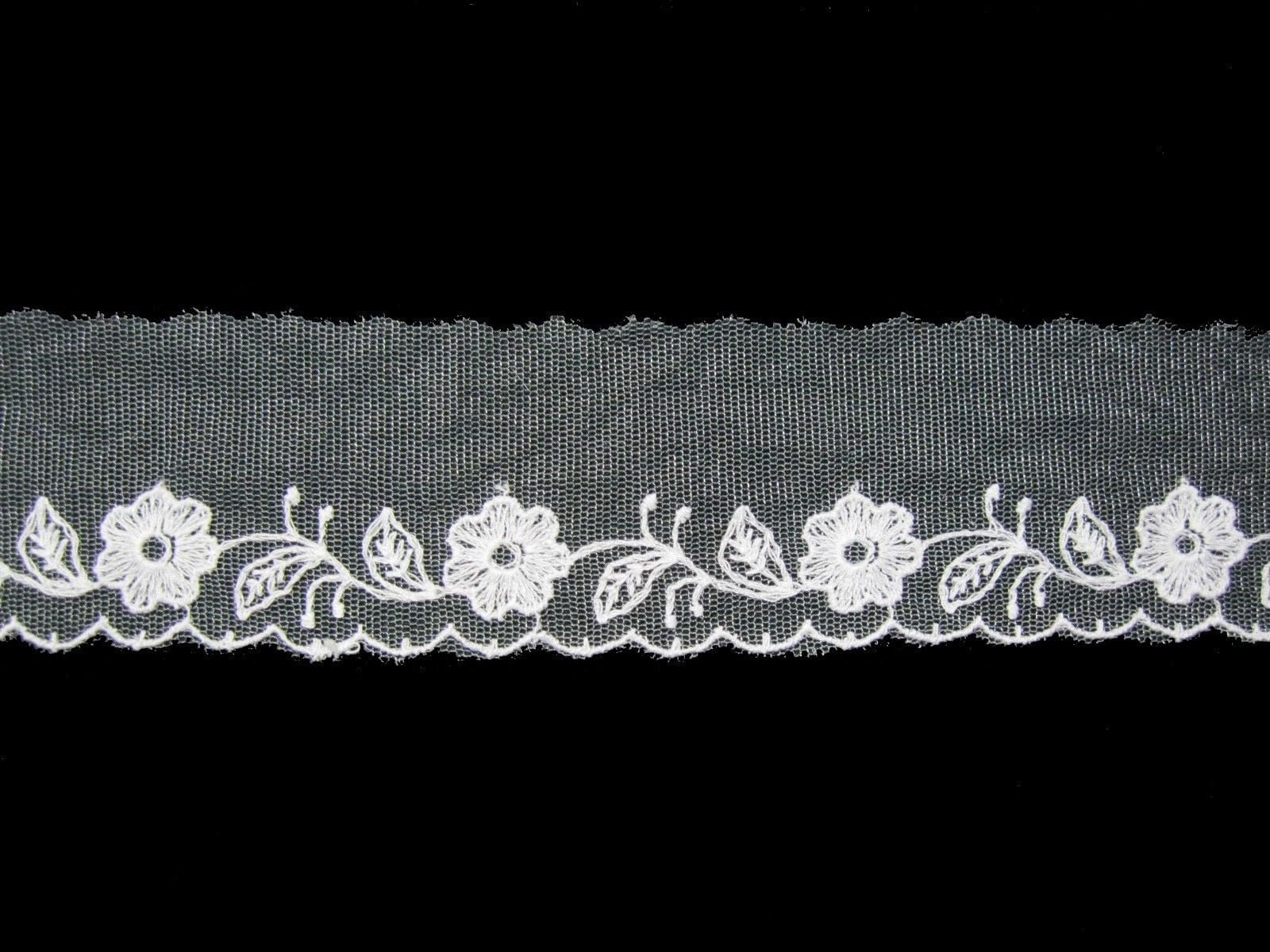 Lily 1.75" White Embroidered Floral Mesh Tulle Scalloped Lace Trim by Yard