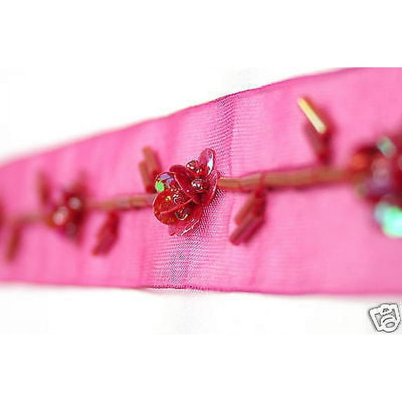 Lily 1" Organza Ribbon Trim with Cylinder Glass Bugle Beads Sequin in Red by yd