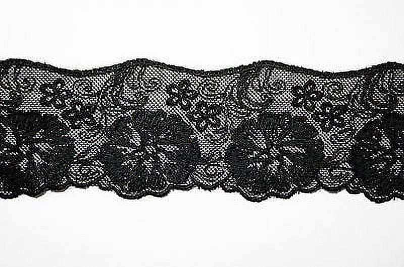 Lily 2.25" Black Netted Tulle Scalloped Lace Trim Floral Embroidery By Yardage