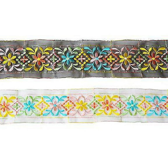 Lily 2.5" Ivory & Black Sheer Floral Color Embroidered Lace Trim By Yardage
