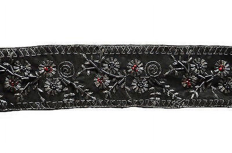 Lily 2" Antique Silver Embroidered Red Glass Beads Black Lace Trim by Yardage